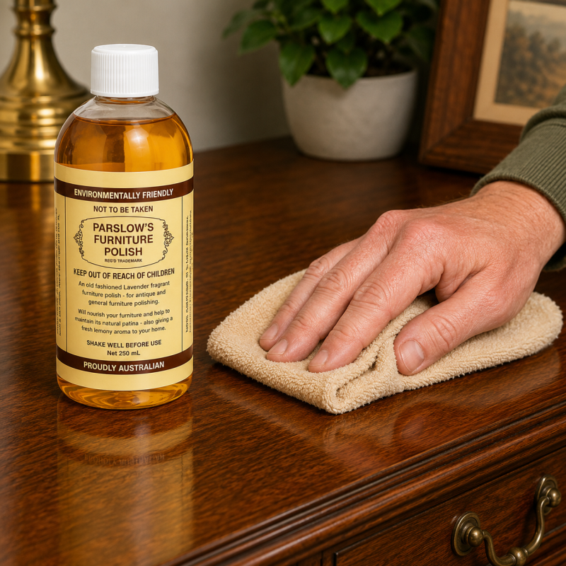 Buffing Parslows Furniture Polish into a timber sideboard with a cloth